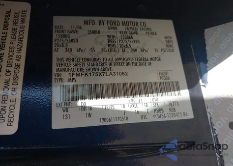 2007 Ford Expedition El Eddie Bauer z USA, uszkodzony, nr VIN 1FMFK175X7LA31062